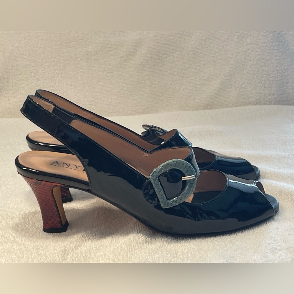 Anyi Lu Black Patent Slingback Heels with Green Buckle and Rose Heel  Accent